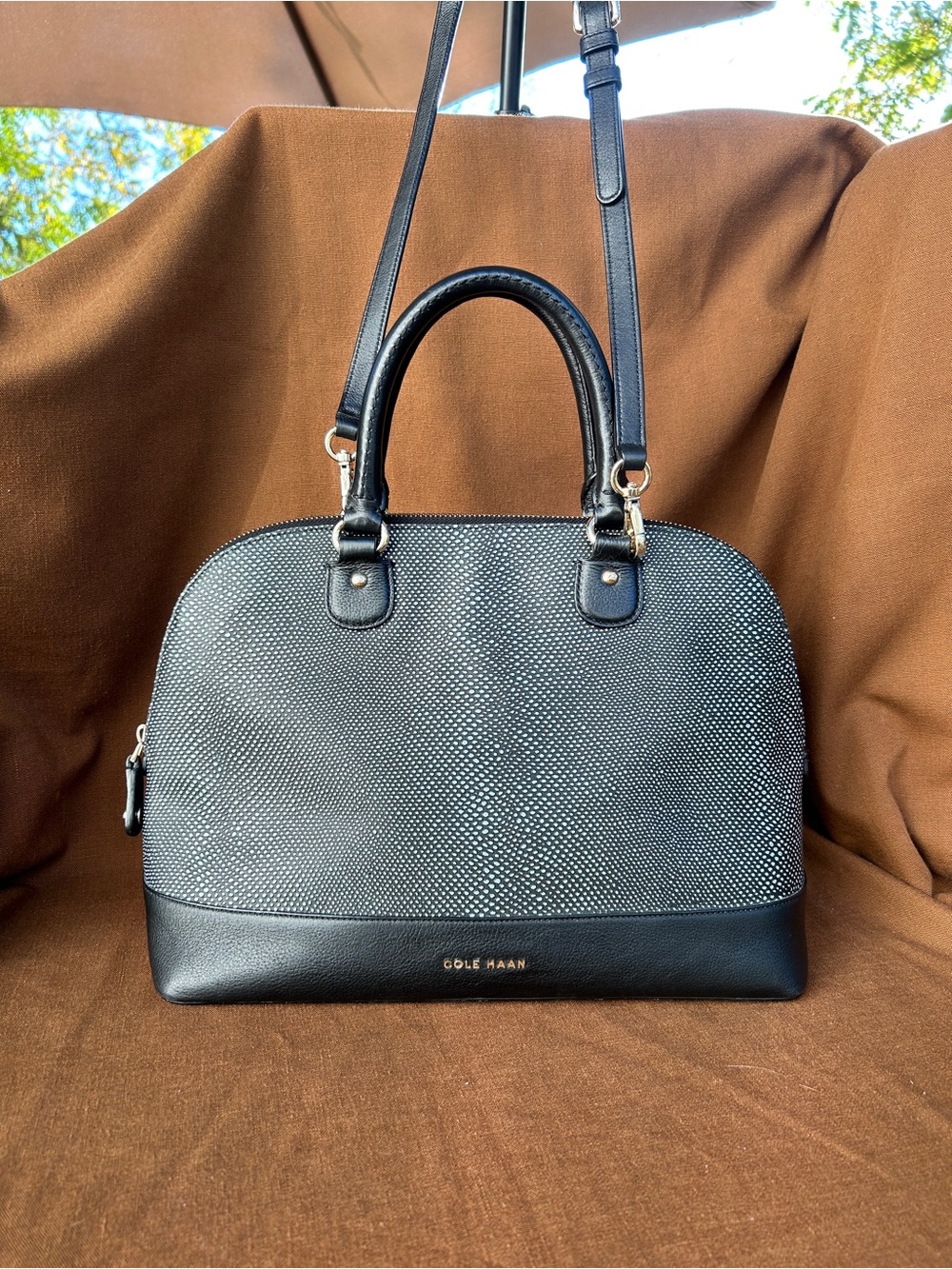 Cole Haan Milena Black & Grey Textured Dome Satchel w/ Gold Hardware crossbody